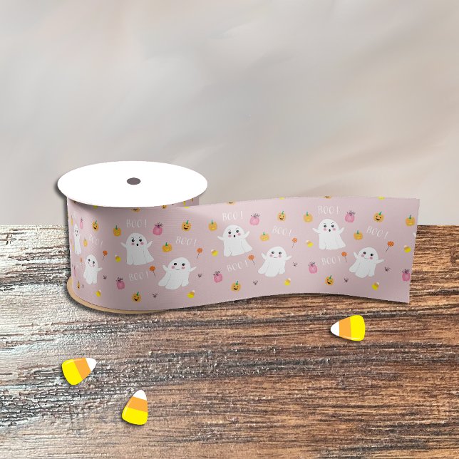 Cute Ghost Pattern Pink Halloween Ribbon Satin Ribbon (Creator Uploaded)