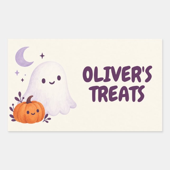 Cute Ghost Personalised Halloween Treat Bag Rectangular Sticker (Front)