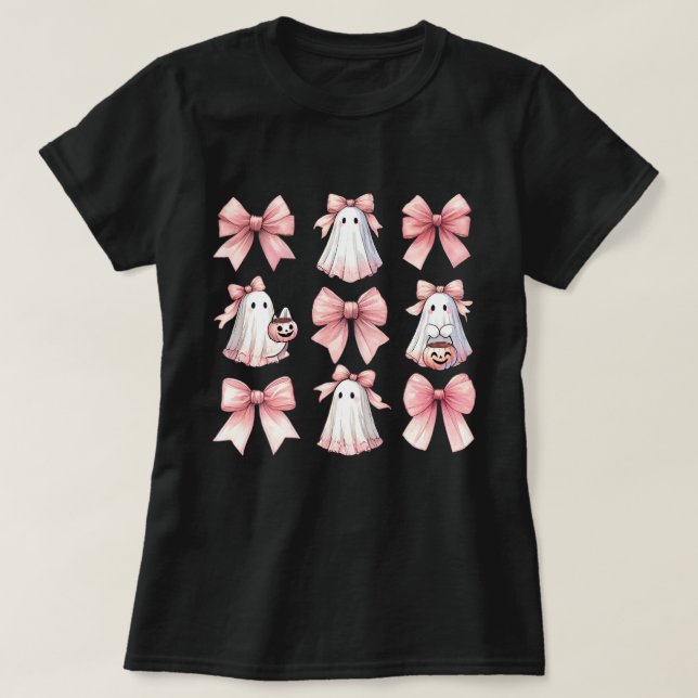 Cute Ghost Pink Coquette Bow Pattern Halloween T-Shirt (Design Front)
