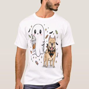 Cute Ghost pitbull Dog Pug Coffee Halloween Costum T-Shirt