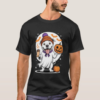 Cute Ghost Pitbull Dog Pumpkin Drinks Beanie Fall T-Shirt