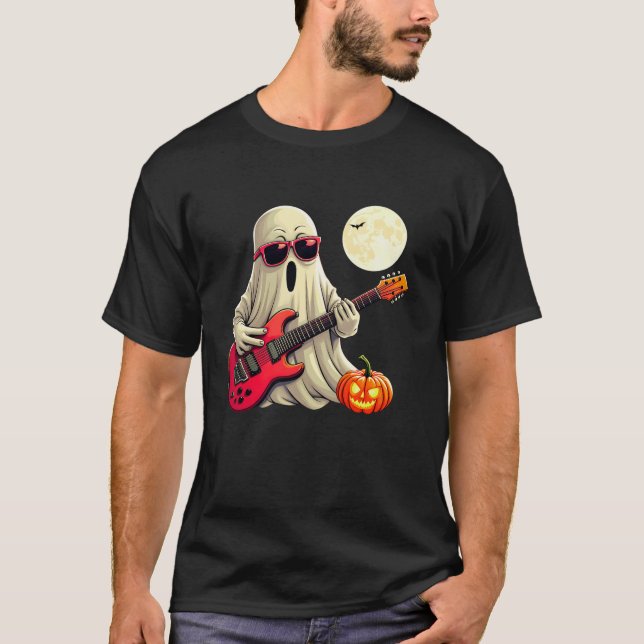 Cute Ghost Playing Guitar Halloween Pumpkin Guitar T-Shirt (Front)