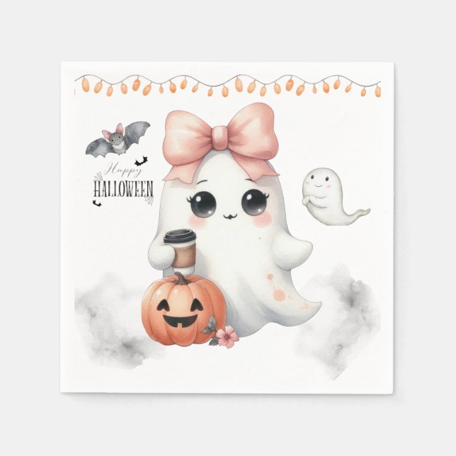 Cute Ghost Pumpkin Bat Halloween Napkin (Front)