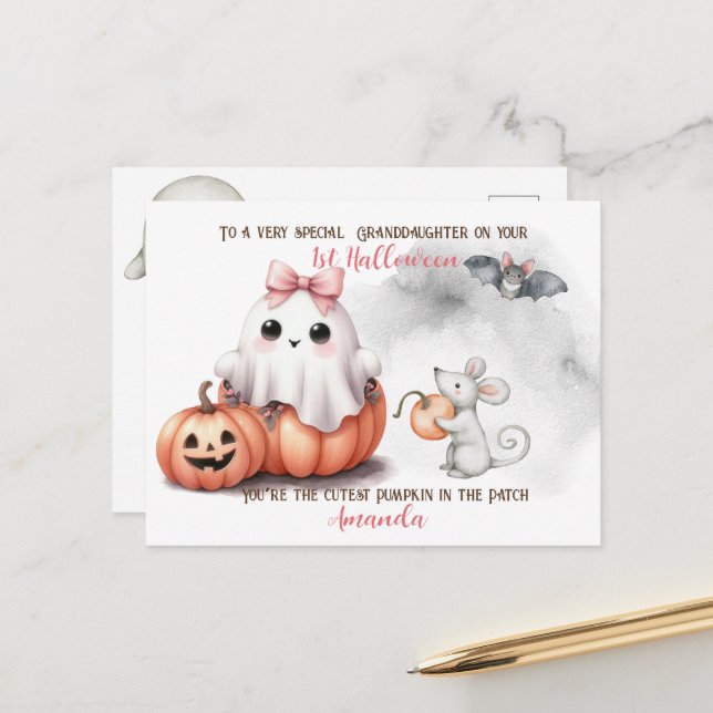 Cute Ghost Pumpkin Bat Halloween Postcard (Front/Back In Situ)