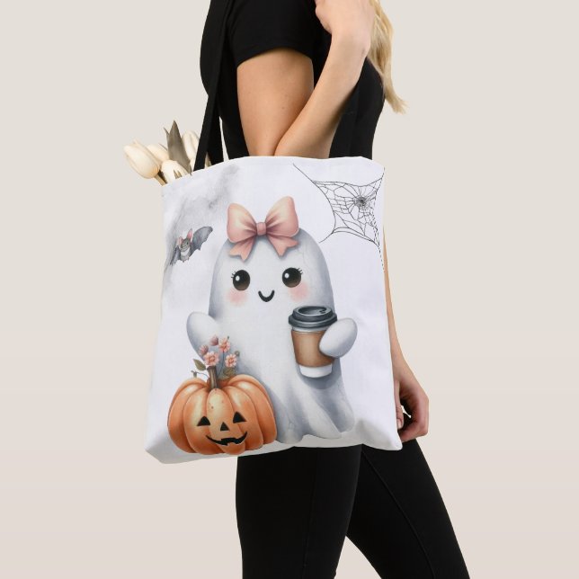 Cute Ghost Pumpkin Bat Halloween Tote Bag (Close Up)