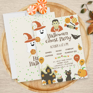 Cute Ghost Pumpkin Bat Kids Halloween Party Invitation