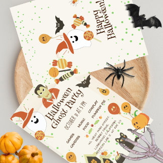 Cute Ghost Pumpkin Bat Kids Halloween Party Invitation
