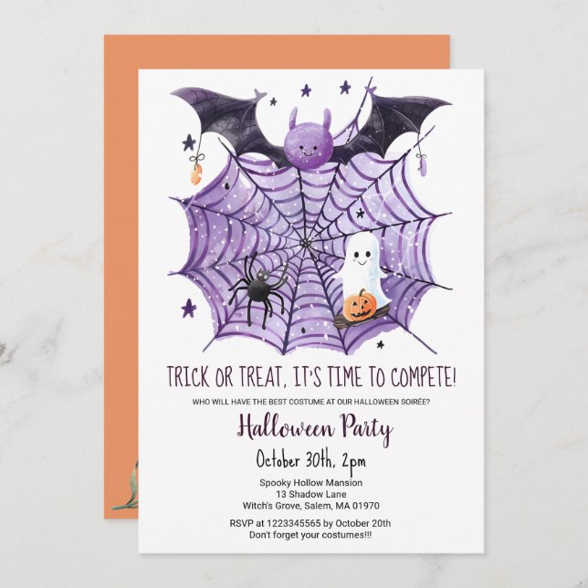 Cute Ghost Pumpkin Bat Spider Web Halloween party  Invitation (Front/Back)