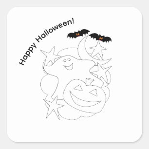 Cute Ghost Pumpkin Bats Colour Me Halloween Square Sticker