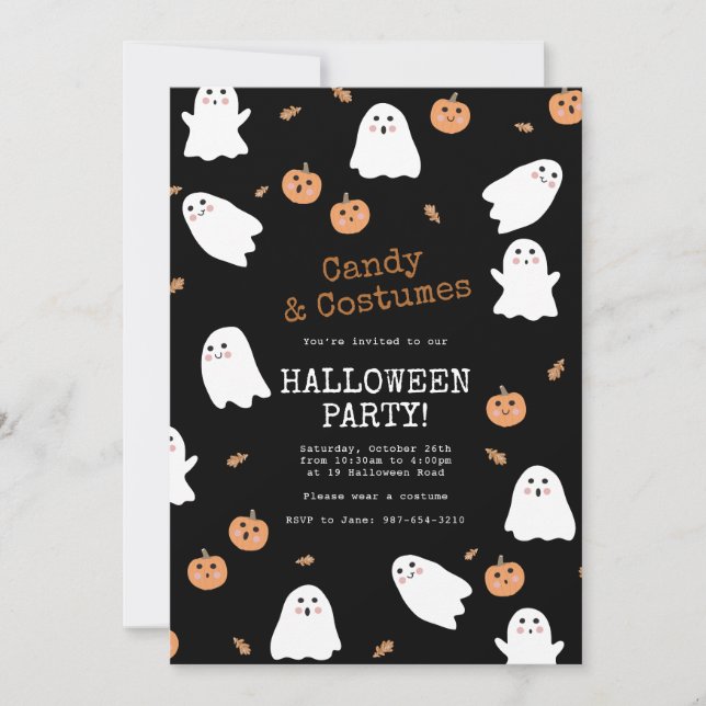 Cute Ghost & Pumpkin Black Halloween Party Invitation (Front)