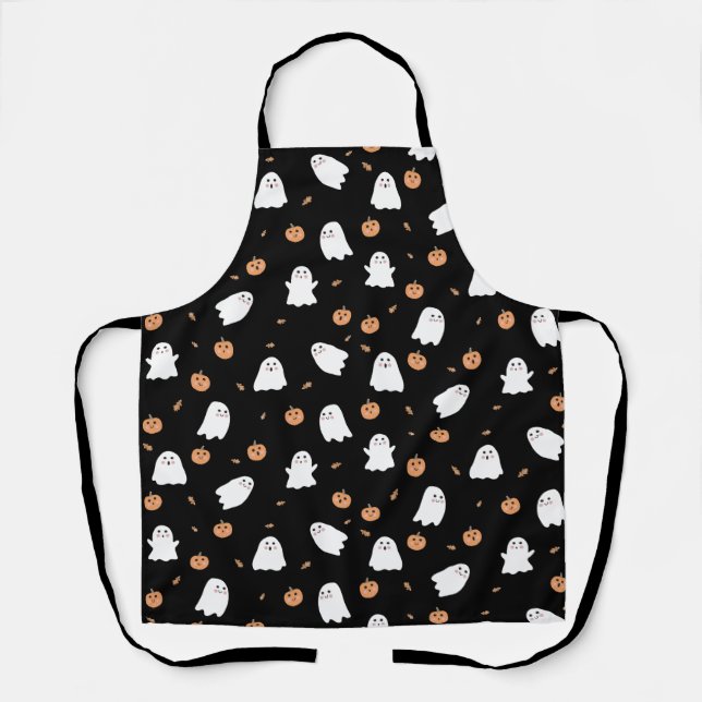 Cute Ghost & Pumpkin Black Halloween Pattern Apron (Front)