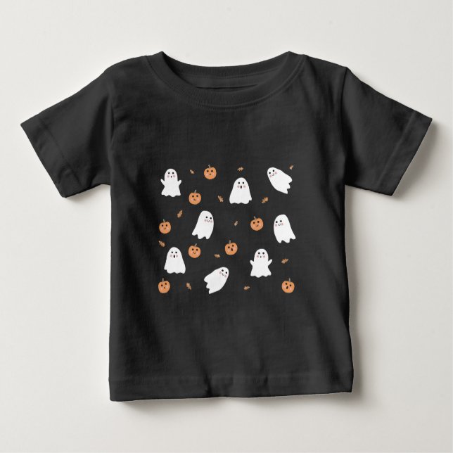 Cute Ghost & Pumpkin Black Halloween Pattern Baby T-Shirt (Front)