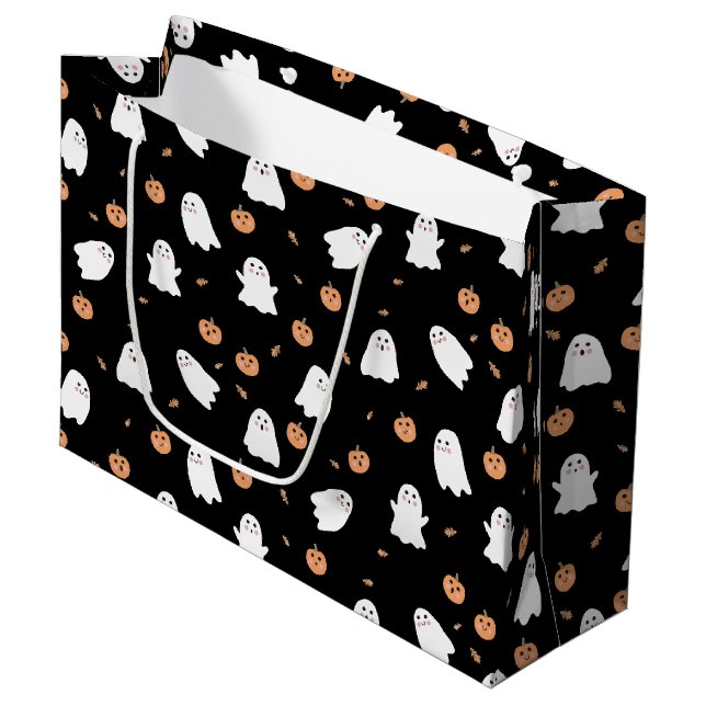 Cute Ghost & Pumpkin Black Halloween Pattern Large Gift Bag (Front Angled)