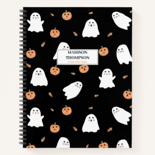 Cute Ghost & Pumpkin Black Halloween Pattern Notebook