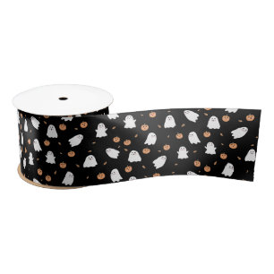 Cute Ghost & Pumpkin Black Halloween Pattern Satin Ribbon