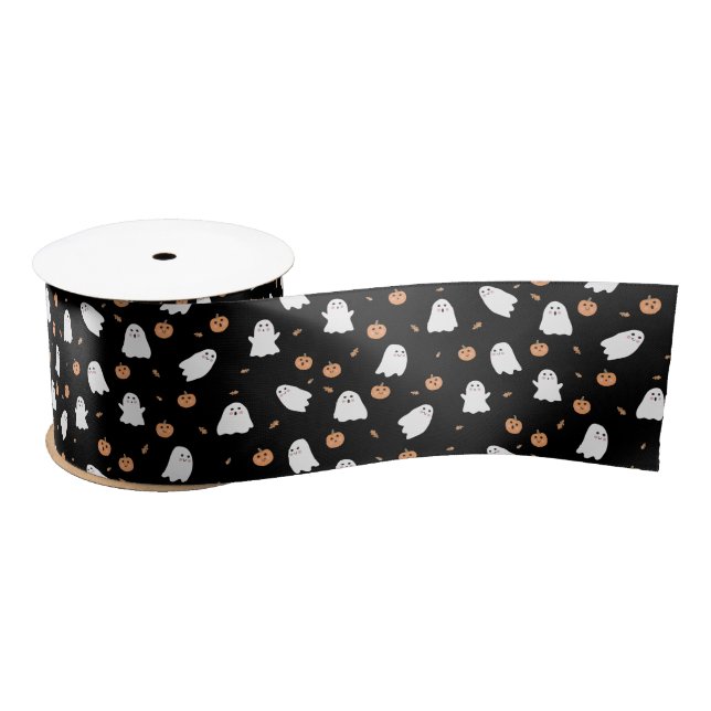 Cute Ghost & Pumpkin Black Halloween Pattern Satin Ribbon (Spool)