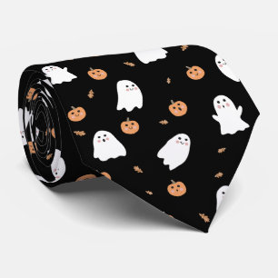 Cute Ghost & Pumpkin Black Halloween Pattern Tie