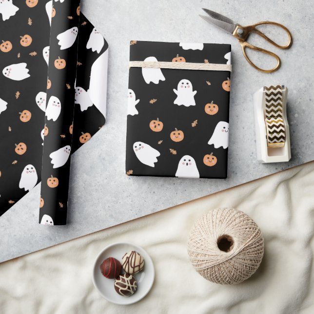 Cute Ghost & Pumpkin Black Halloween Pattern Wrapping Paper (Crafts)