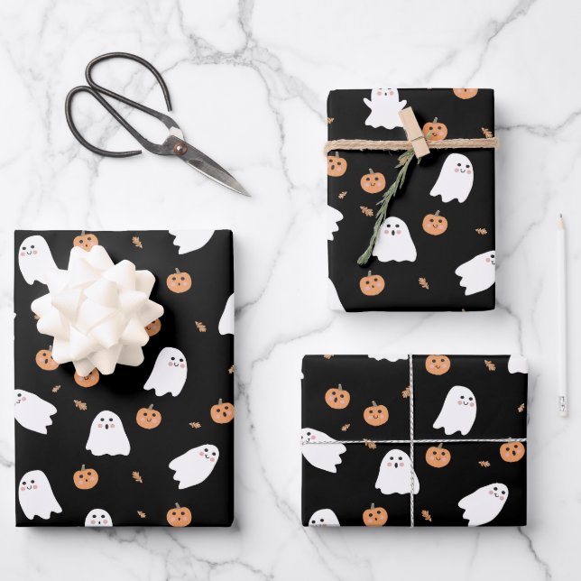 Cute Ghost & Pumpkin Black Halloween Pattern Wrapping Paper Sheet (Front)