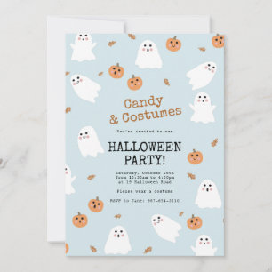 Cute Ghost & Pumpkin Blue Halloween Party Invitation