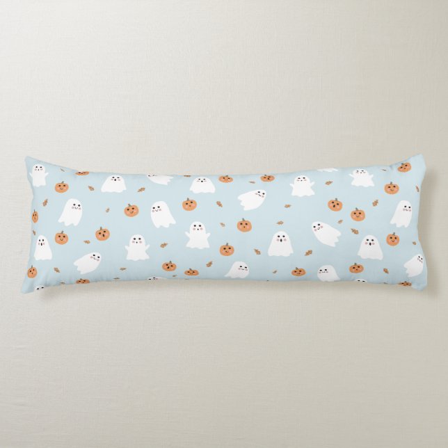 Cute Ghost & Pumpkin Blue Halloween Pattern Body Cushion (Front)