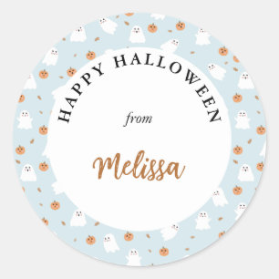 Cute Ghost & Pumpkin Blue Halloween Pattern Classic Round Sticker