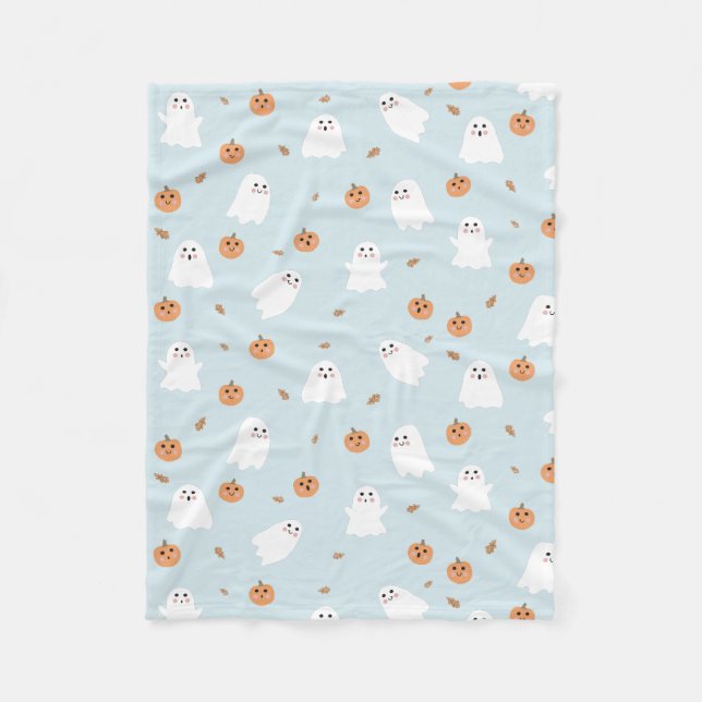 Cute Ghost & Pumpkin Blue Halloween Pattern Fleece Blanket (Front)