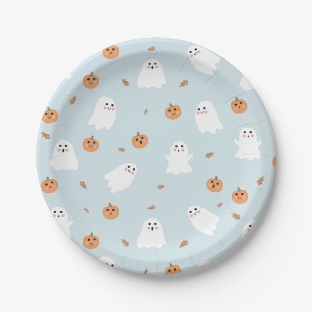 Cute Ghost & Pumpkin Blue Halloween Pattern Paper Plate (Front)