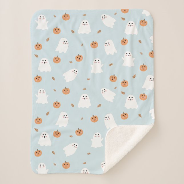 Cute Ghost & Pumpkin Blue Halloween Pattern Sherpa Blanket (Front)