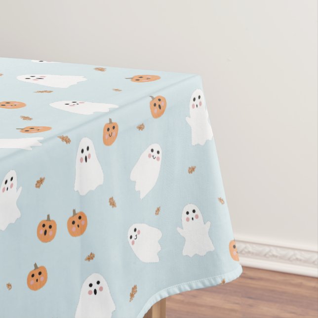 Cute Ghost & Pumpkin Blue Halloween Pattern Tablecloth (In Situ)