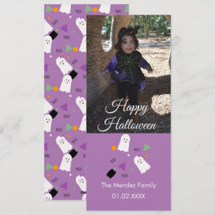 Cute Ghost Pumpkin Confetti Orange Photo Card