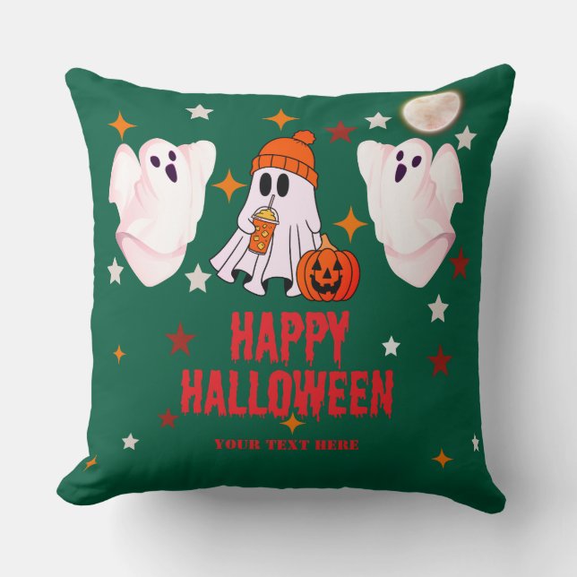 Cute Ghost & Pumpkin Custom Text Happy Halloween Cushion (Front)