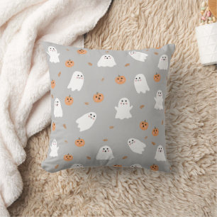 Cute Ghost & Pumpkin Grey Halloween Pattern Cushion