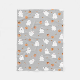 Cute Ghost & Pumpkin Grey Halloween Pattern Fleece Blanket