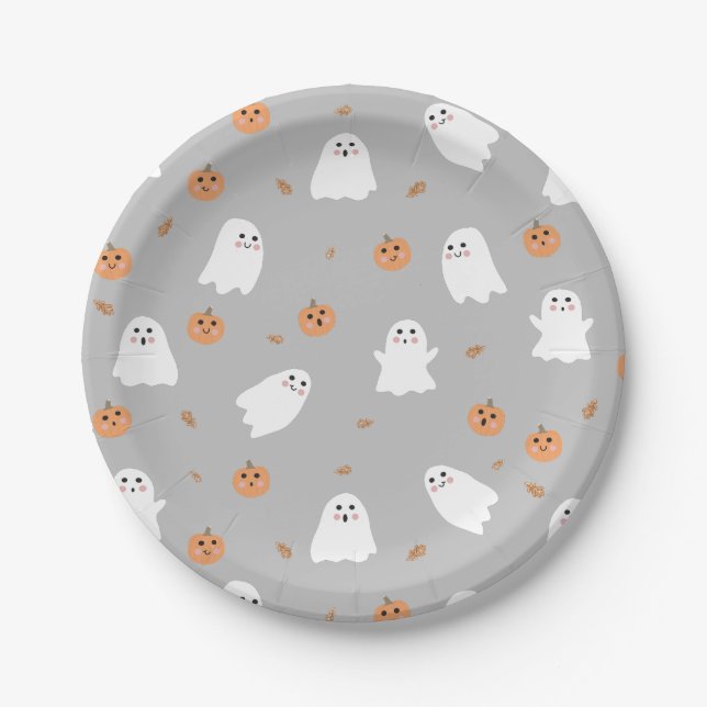 Cute Ghost & Pumpkin Grey Halloween Pattern Paper Plate (Front)