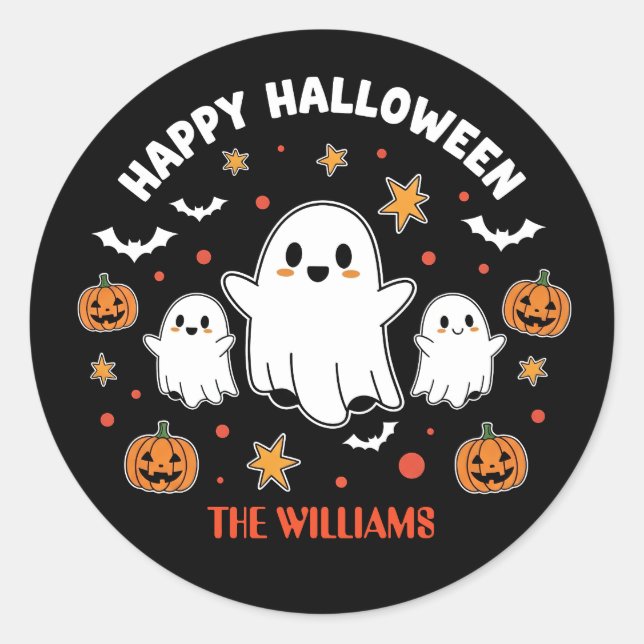 Cute Ghost & Pumpkin Halloween Classic Round Sticker (Front)