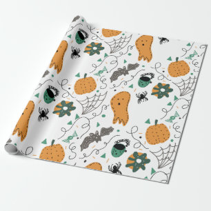Cute Ghost Pumpkin Halloween Doodle Illustrations Wrapping Paper