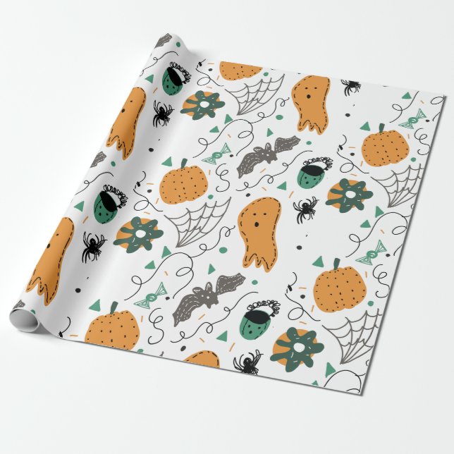 Cute Ghost Pumpkin Halloween Doodle Illustrations Wrapping Paper (Unrolled)
