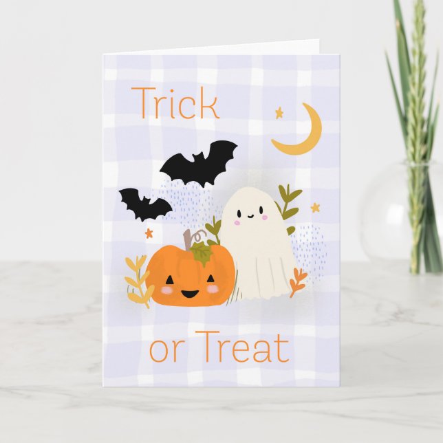 Cute Ghost & Pumpkin Halloween Fall Trick or Treat Card (Front)
