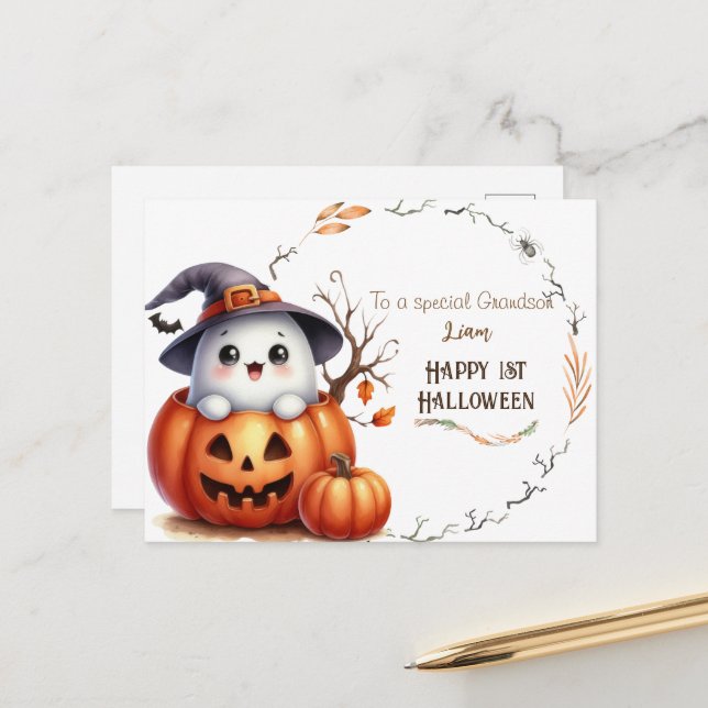 Cute Ghost Pumpkin Halloween Holiday Postcard (Front/Back In Situ)
