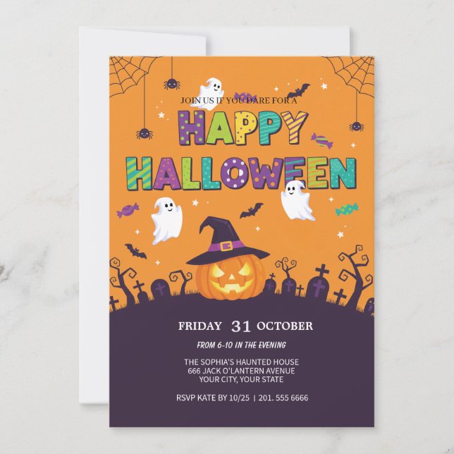 Cute Ghost & Pumpkin Halloween Invitation (Front)