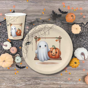 Cute Ghost Pumpkin Halloween Party Paper Plate