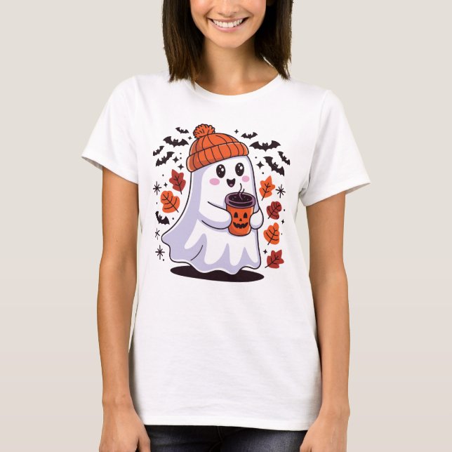 Cute Ghost Pumpkin Halloween Spooky T-shirt (Front)