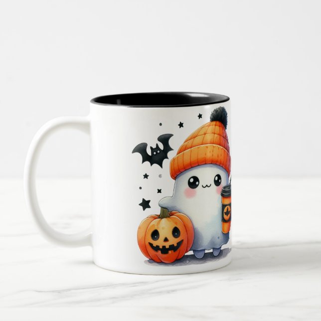 Cute Ghost Pumpkin Halloween Two-Tone Coffee Mug (Left)