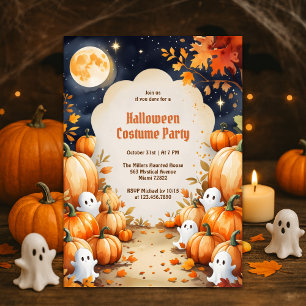 Cute Ghost & Pumpkin Kids Halloween Costume Party Invitation