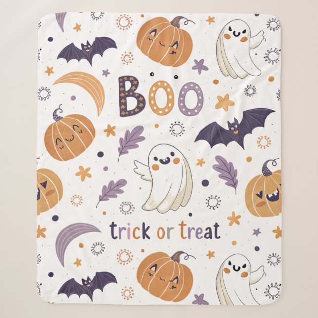 Cute Ghost & Pumpkin Medium Sherpa Blanket (Front)