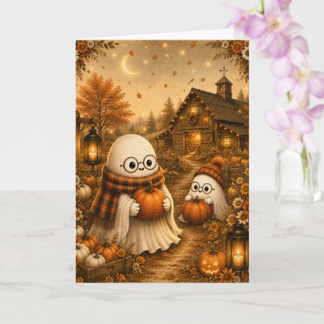 Cute Ghost Pumpkin Patch Art Print Card (Orchid)