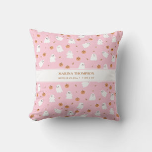 Cute Ghost Pumpkin Pink Girl Halloween Birth Stats Cushion