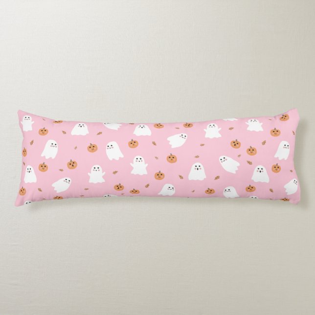 Cute Ghost & Pumpkin Pink Halloween Pattern Body Cushion (Front)
