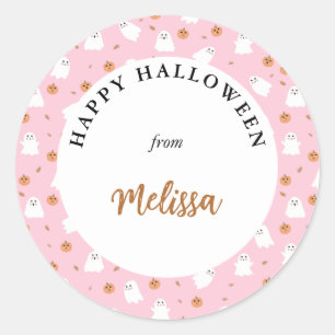 Cute Ghost & Pumpkin Pink Halloween Pattern Classic Round Sticker